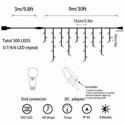 YASENN 300 LED Icicle Lights, 9M Connectable Outdoor Christmas Lights with 8 Modes & Timer, Warm White (60 Strands)