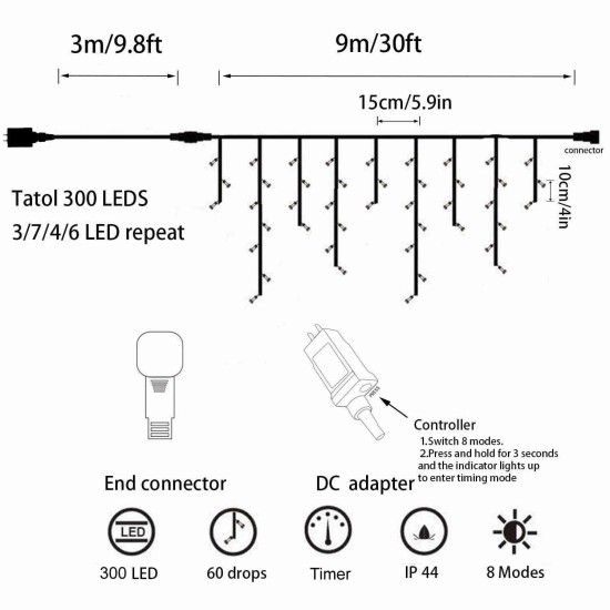 YASENN 300 LED Icicle Lights, 9M Connectable Outdoor Christmas Lights with 8 Modes & Timer, Warm White (60 Strands) YASENN 300 LED Icicle Lights, 9M Connectable Outdoor Christmas Lights with 8 Modes & Timer, Warm White (60 Strands)
